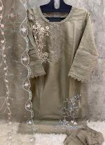 Organza Beige Traditional Wear Embroidery Work Readymade Pakistani Suit